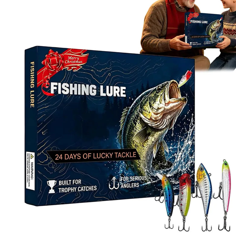 Fishing Lure Advent Calendar box, 24 Days of Lucky Tackle, with four fishing lures
