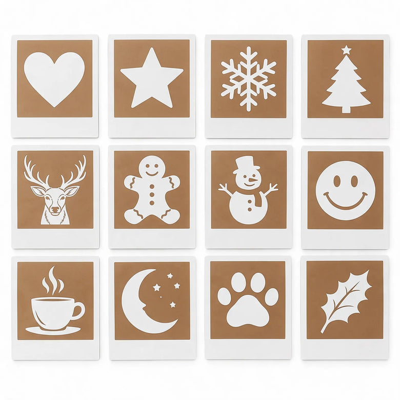 12 reusable stencil cards: heart, star, snowflake, tree, reindeer, gingerbread man, snowman, smiley, cup, moon, paw and holly