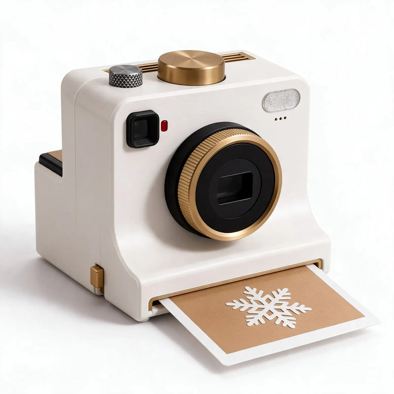 Latte Art Camera with a snowflake stencil card in the slot