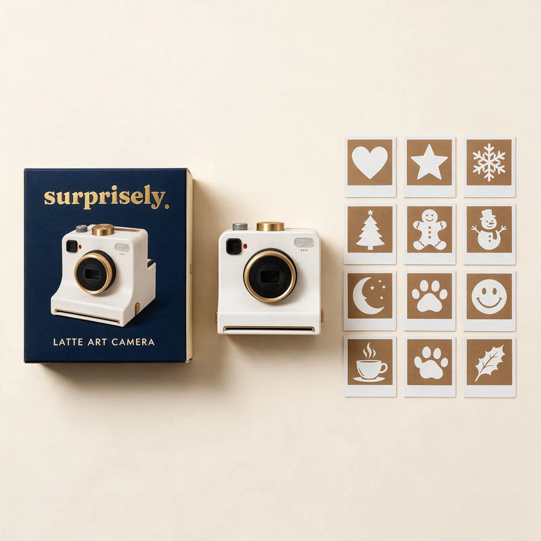 What is included: gift box, Latte Art Camera and 12 stencil cards