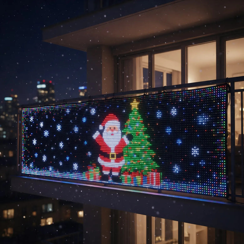 Balcony lights showing an animated Santa and Christmas tree