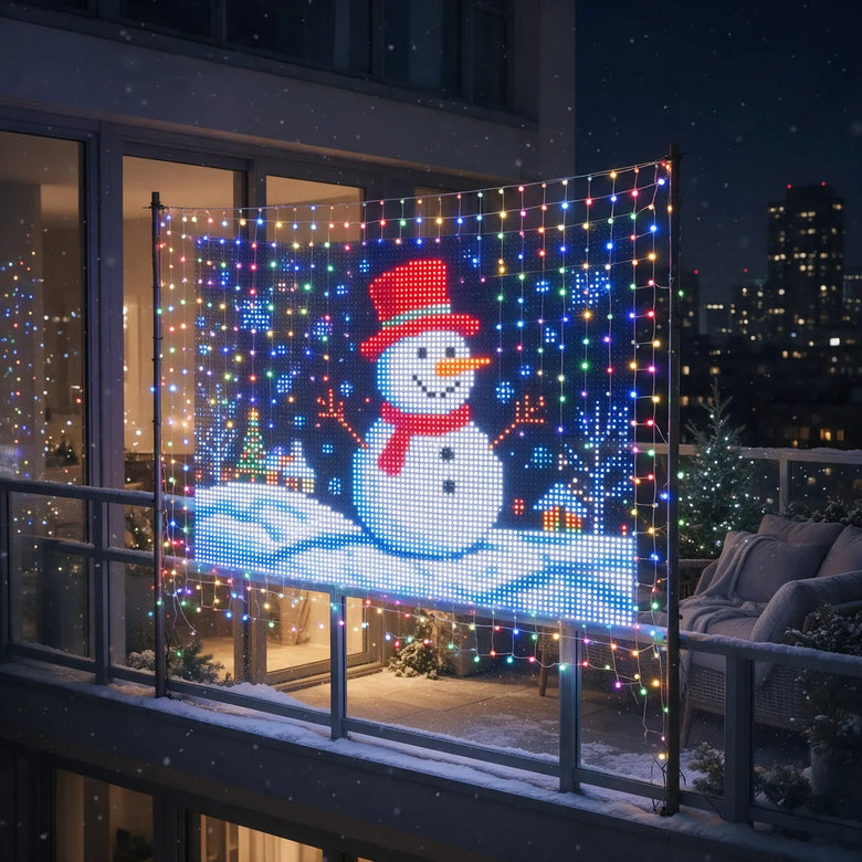 Balcony lights showing a snowman in a snow scene