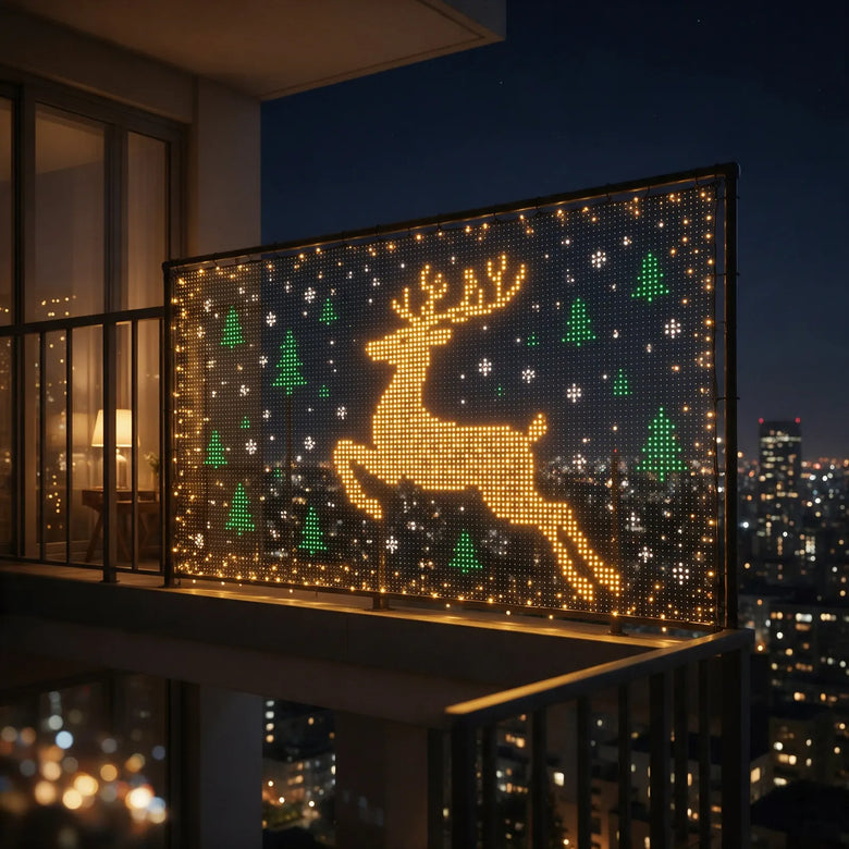 Balcony lights showing a golden leaping reindeer