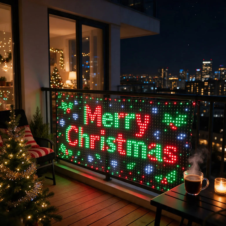 Balcony lights showing the message Merry Christmas