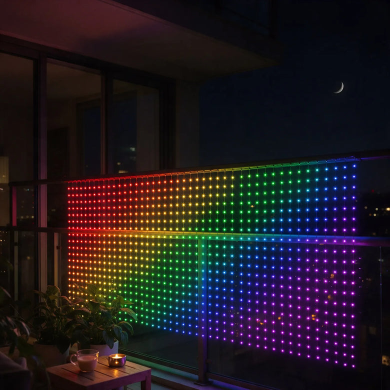 Balcony lights showing a colourful rainbow pattern