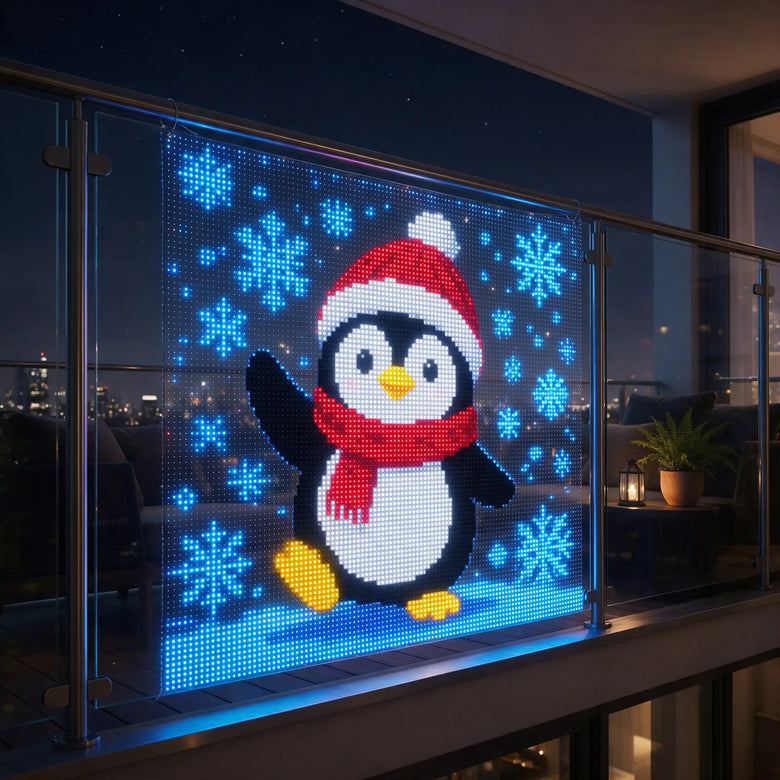 Balcony lights showing a penguin with a scarf and snowflakes