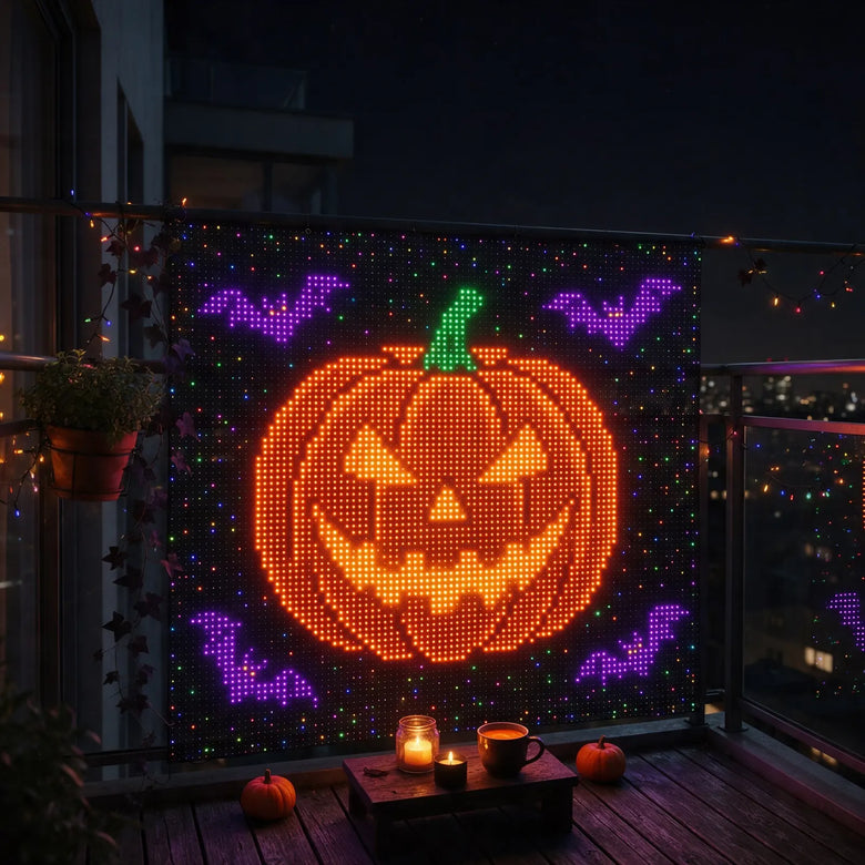Balcony lights showing a Halloween pumpkin with bats