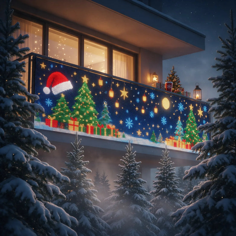 Balcony decorated with animated Christmas lights on a snowy evening