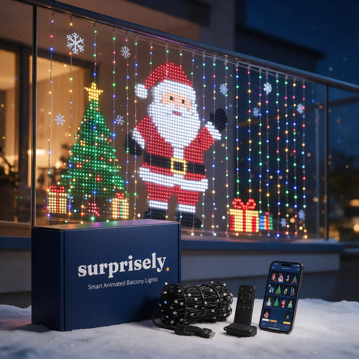 Surprisely Smart Animated Christmas Balcony Lights kit with box, controller and phone app, showing Santa and a Christmas tree on a balcony