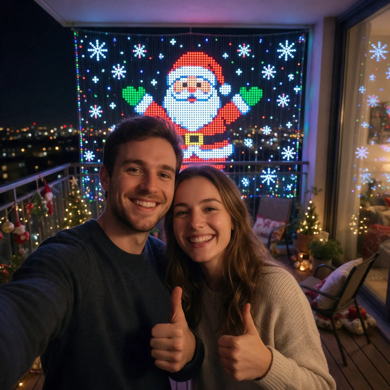 Couple on a balcony in front of animated Santa lights
