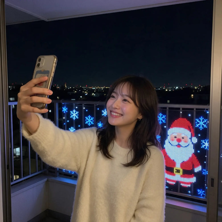Woman taking a selfie in front of balcony lights showing Santa