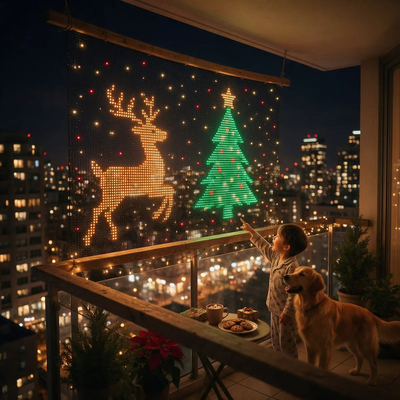 Balcony with reindeer and Christmas tree lights and a dog