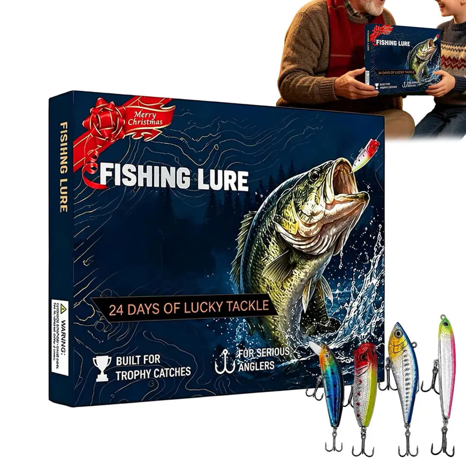 Fishing Lure Advent Calendar box, 24 Days of Lucky Tackle, with four fishing lures