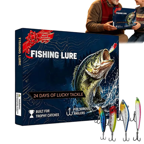 Fishing Lure Advent Calendar box, 24 Days of Lucky Tackle, with four fishing lures