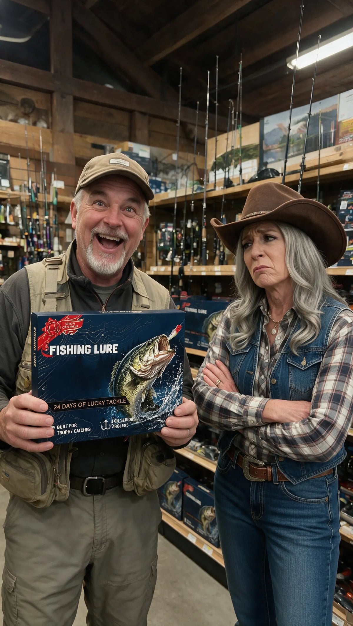 Smiling man in a tackle shop holding the Fishing Lure advent calendar