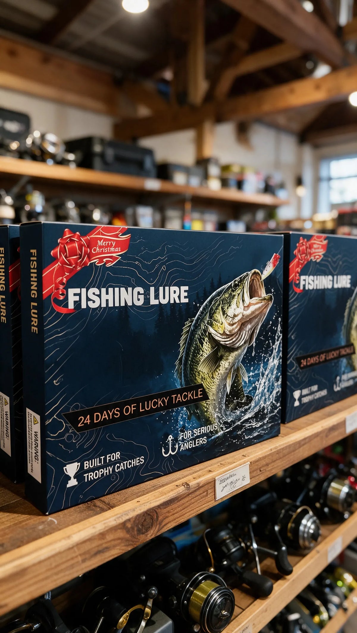 Fishing Lure advent calendars, 24 Days of Lucky Tackle, on a shop shelf