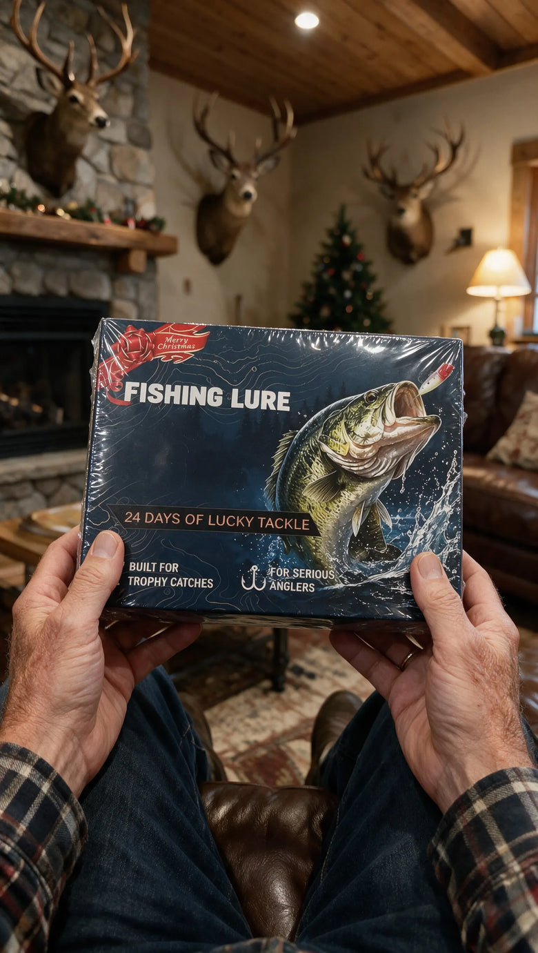 Hands holding the wrapped Fishing Lure advent calendar next to a Christmas tree