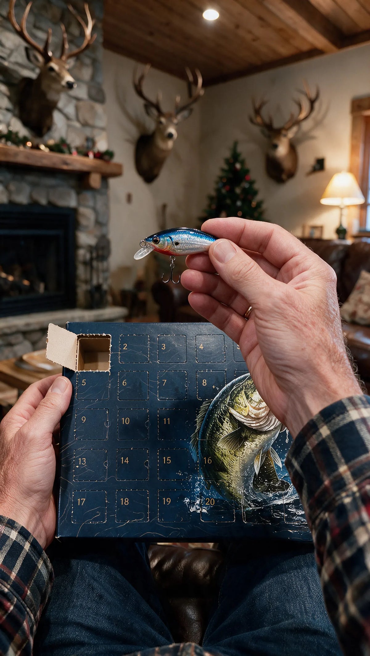 An opened door of the advent calendar with a small fishing lure held up