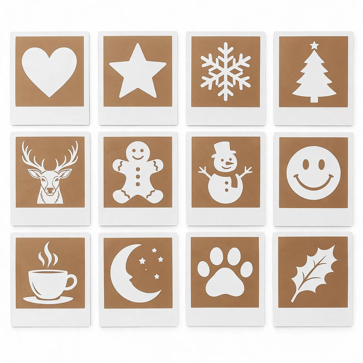 12 reusable stencil cards: heart, star, snowflake, tree, reindeer, gingerbread man, snowman, smiley, cup, moon, paw and holly