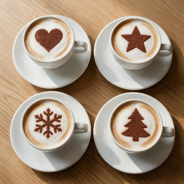Four coffees with cocoa heart, star, snowflake and tree designs