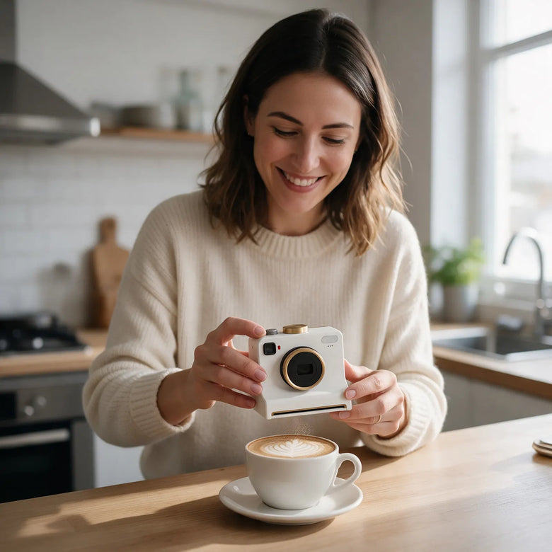 Woman making latte art with the Latte Art Camera at home
