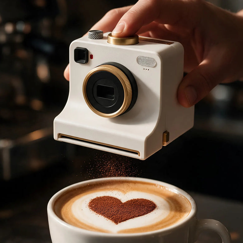 Latte Art Camera dusting a cocoa heart onto a coffee