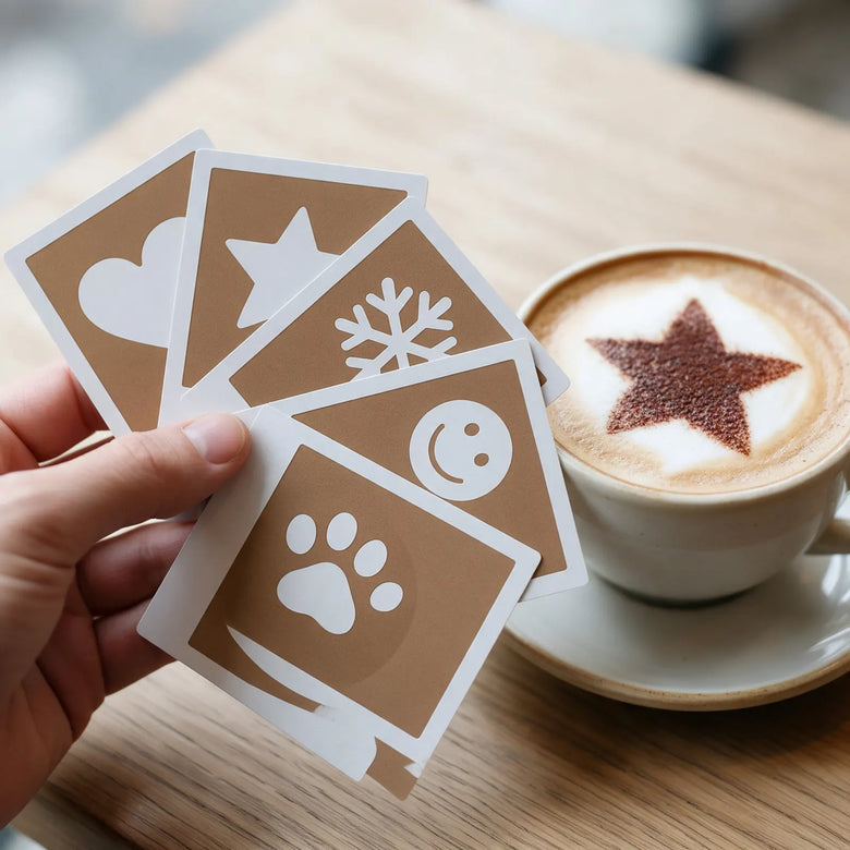 Hand holding stencil cards next to a coffee with a star design