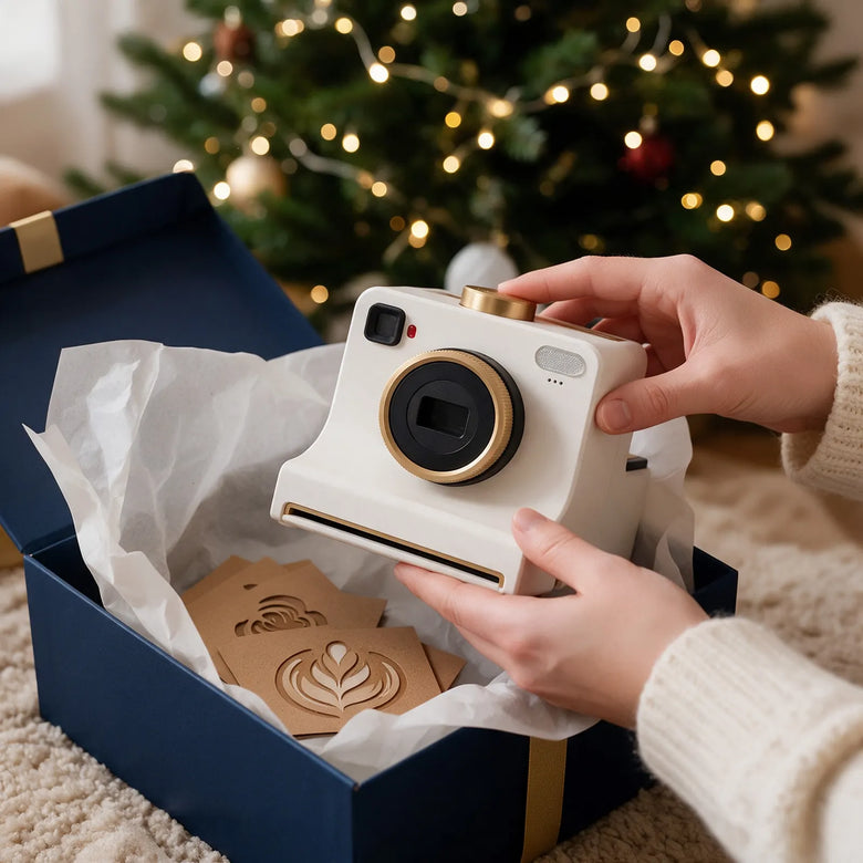 Latte Art Camera being unwrapped from its gift box