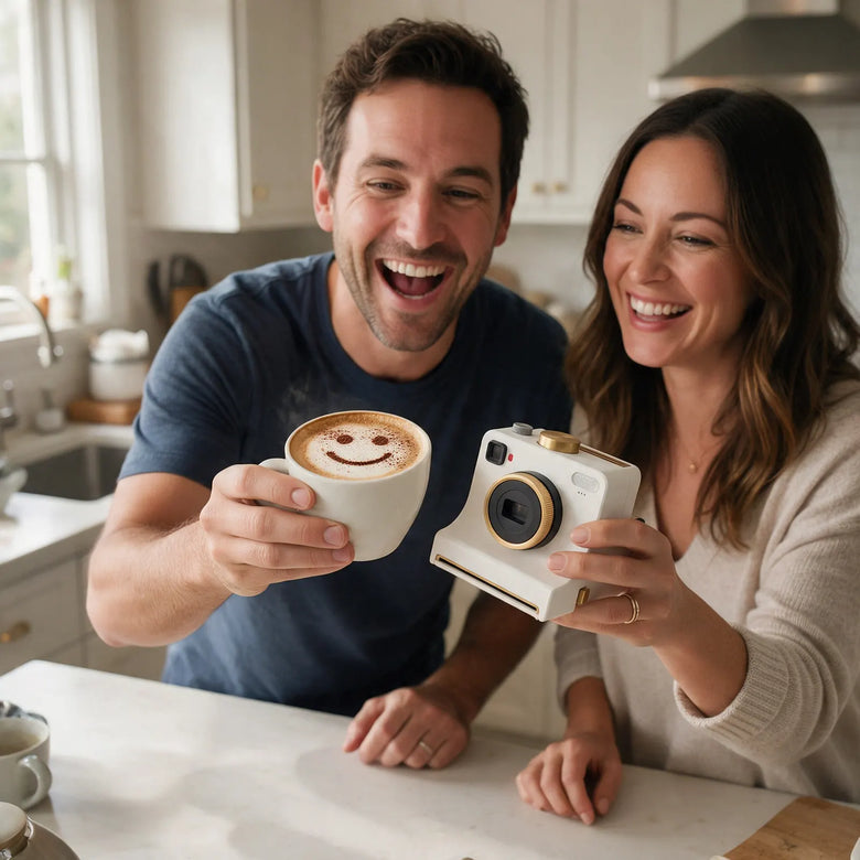Couple laughing with a smiley latte made with the Latte Art Camera